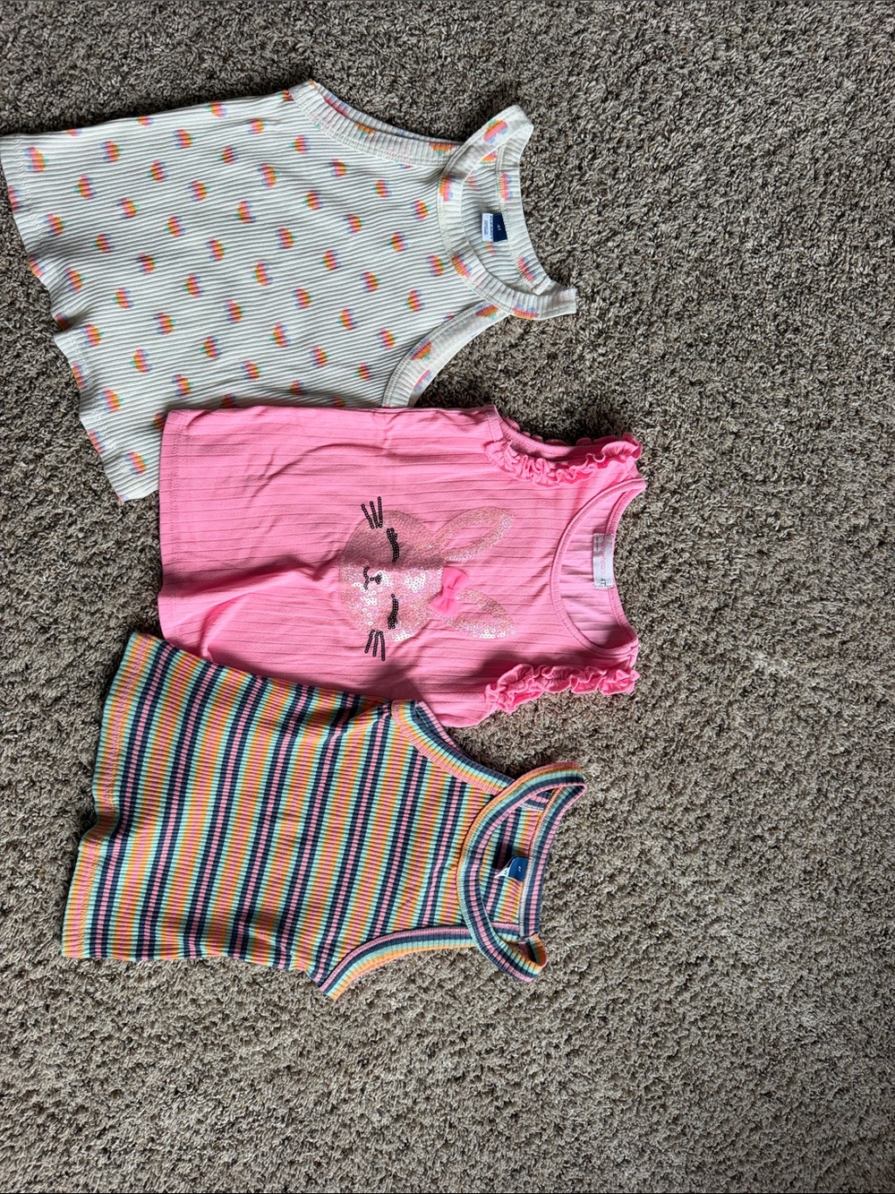 3-Pack Girls' Tank Tops - Pink Bunny, Rainbow Stripe & White Heart